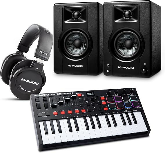 M-AUDIO Oxygen Pro Mini MIDI Controller Bundle with BX3 Pair Studio Monitors and Headphones for Studio Recording, Music Production, Podcasting, Streaming