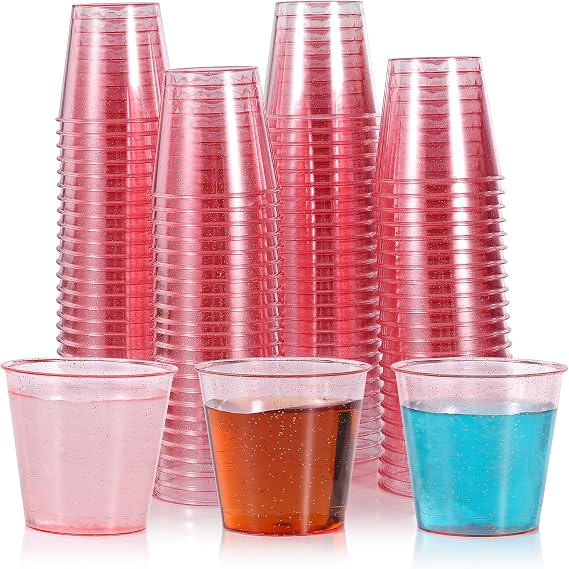 [100 Pcs] Pink Glitter Plastic Shot Glasses - 1 OZ Mini Disposable Clear Shot Cups Bulk for Jello,Sample Tasting, Bachelorette Party