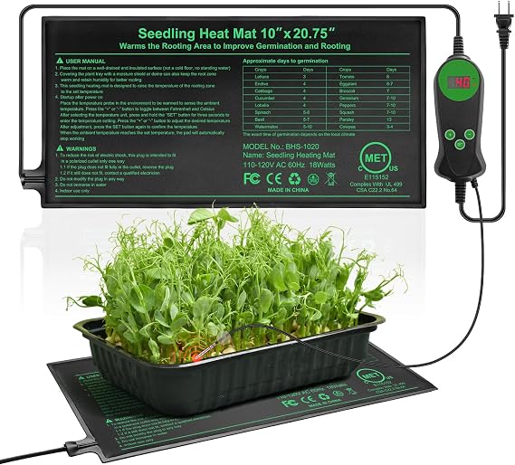 Seedling Heat Mat with Built-in Temperature Controller, 10" x 20.75" Waterproof Plant Heating Pad with Thermostat for Indoor Seed Starting Germination Hydroponics