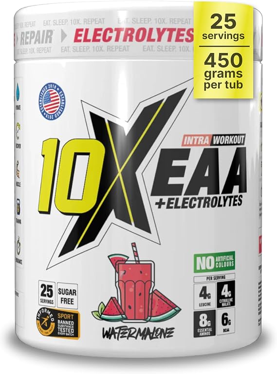 10X Athletic EAA Essential Amino Acids - Watermelone, Muscle Recovery & Hydration, 450g, Vegan, Gluten & Lactose-Free, Supports Muscle Growth,Informed-Sport Certified