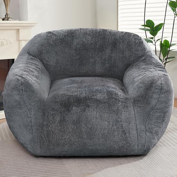 Giant Bean Bag Chairs for Adults, Bean Bag Sofa Comfy Chair with Armrest Faux Fur Beanbag Chairs with Memory Foam Filler for Bedroom Living Room (Grey)