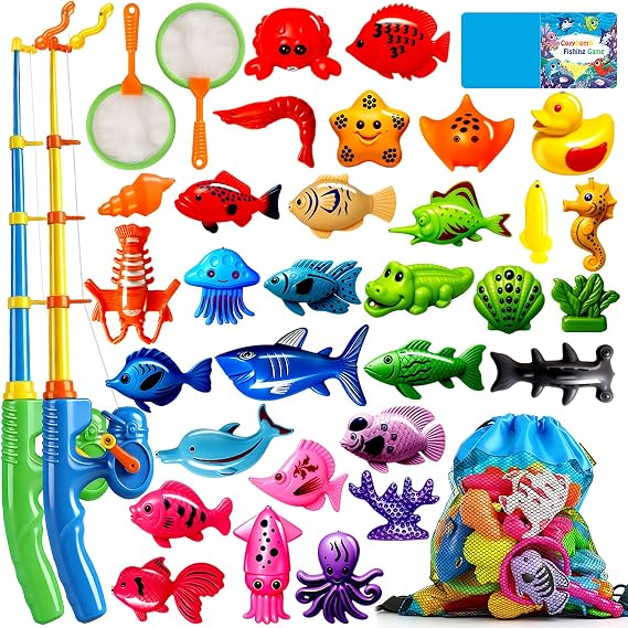 CozyBomBTM Magnetic Fishing Toys Game Set for Kids | Water Table Bathtub Kiddie Pool Party Pole Rod Net, Outdoor Plastic Floating Fish, Toddler Bath Color Ocean Sea Animals Birthday Gift Age 3-5 6 4-8