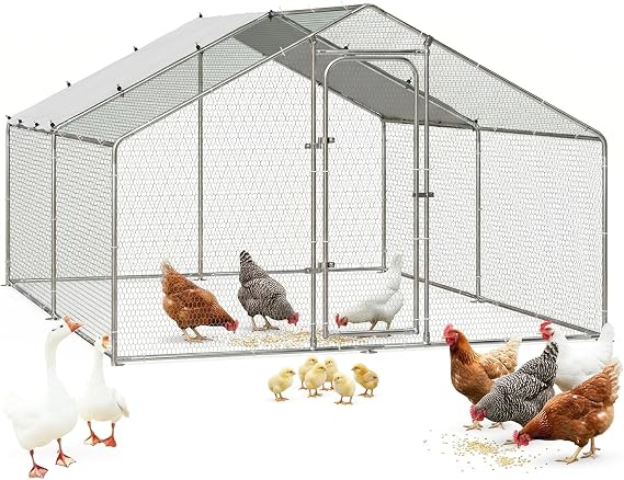 BOSSIN Bold Chicken Coop Run Large Metal Chicken Pen Outdoor, Chicken Runs for Yard with Cover, Poultry Cage Spire Shape Coop, Heavy Duty Walkin Waterproof and Anti-UV Cover for Rabbits (Middle)
