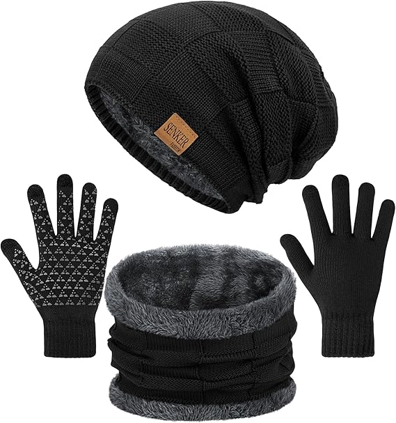 Senker Fashion Winter Hats Scarf and Gloves Set for Men Women, Slouchy Beanie Cap Neck Warmer Screen Touch Gloves Gifts