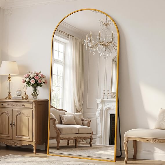Antok 76" x 34" Arched Full Length Floor Mirror, Aluminum Frame, Gold