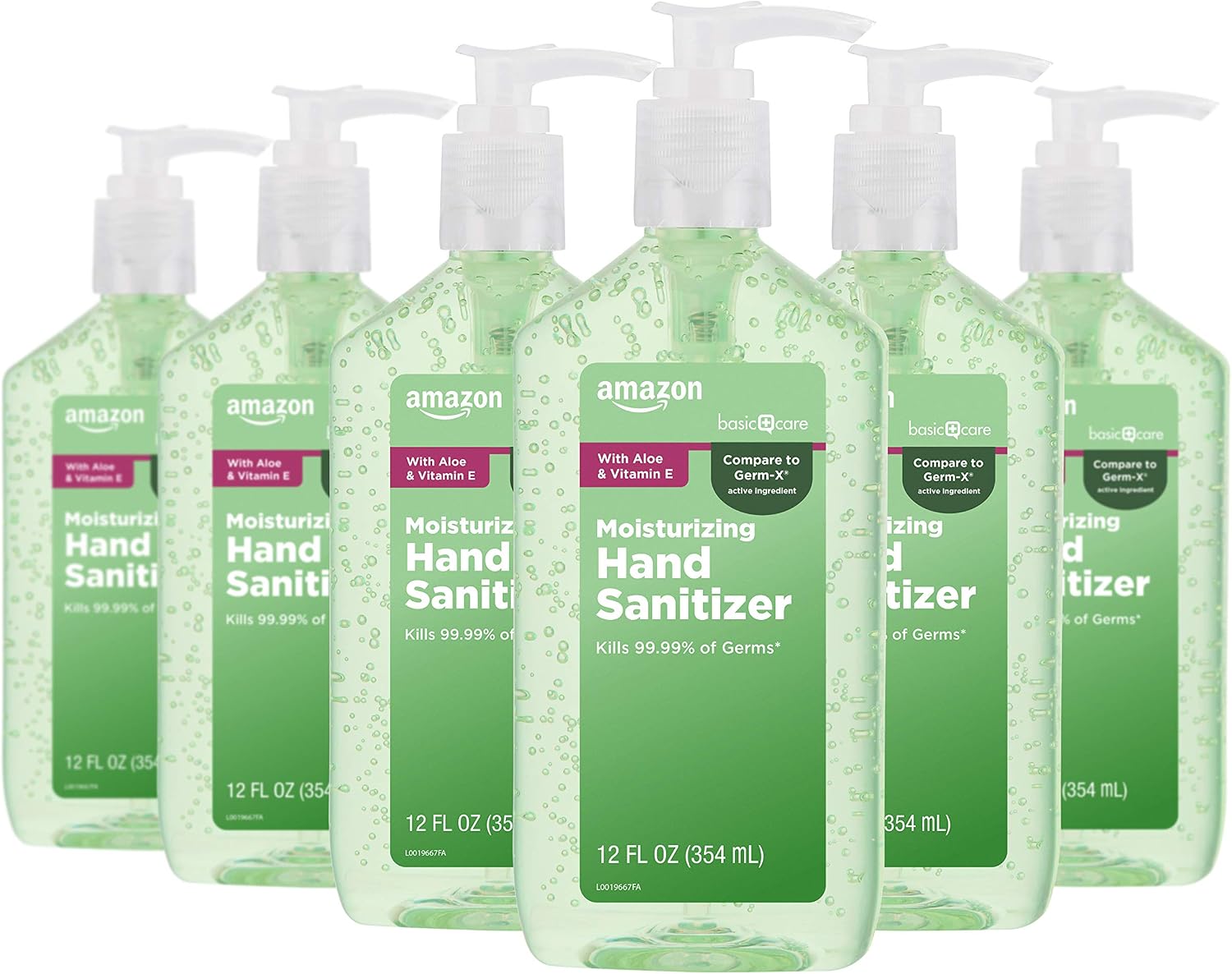 Amazon Basic Care - Aloe Hand Sanitizer 62%, 12 Fluid Ounce Pack of 6