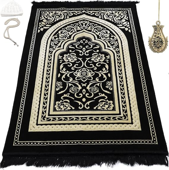 Modefa Turkish Islamic Velvet Prayer Rug - Thick Wide Soft Prayer Carpet - Men & Women - Large Prayer Mat - Eid & Ramadan Gift - with Kufi Cap Beads & Car Hanger - Double Plush Floral Black