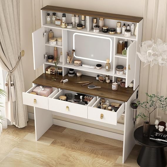 Fluted Vanity Desk with Mirror & Lights,Stool (White)