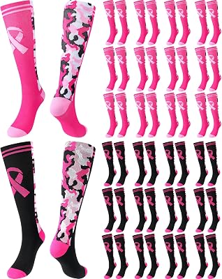 Xtinmee 24 Pairs Breast Cancer Awareness Knee High Socks Pink Ribbon Socks Bulk Soccer Football Camo over the Calf Socks