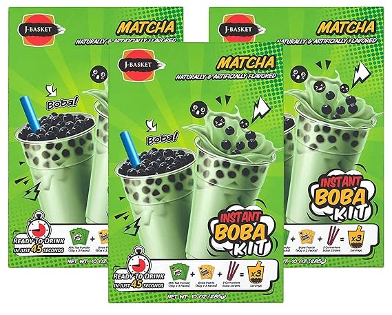 J-Basket Boba Kit, Bubble Pearl Milk Tea with Authentic Tapioca Boba, Straws Included,10 Oz (Pack of 3) (Matcha (Pack of 3))