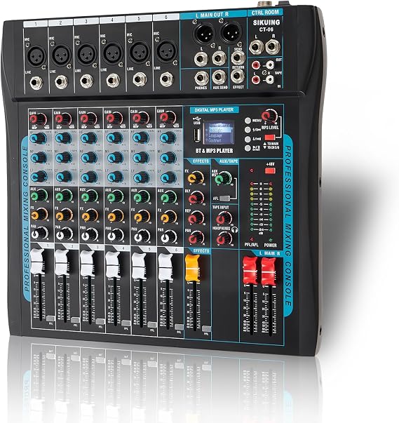 Audio Mixer,6 Channel Mixer Board for Streaming, Professional Sounds Board Mixer with 16 DSP Effect, Usb Audio Interface and 48V Phantom Power Mixer, Stereo DJ Mixers for PC Recording/DJ stage