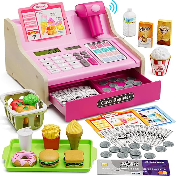Wee Wonders Wooden Cash Register for Kids with Real Calculator,Color