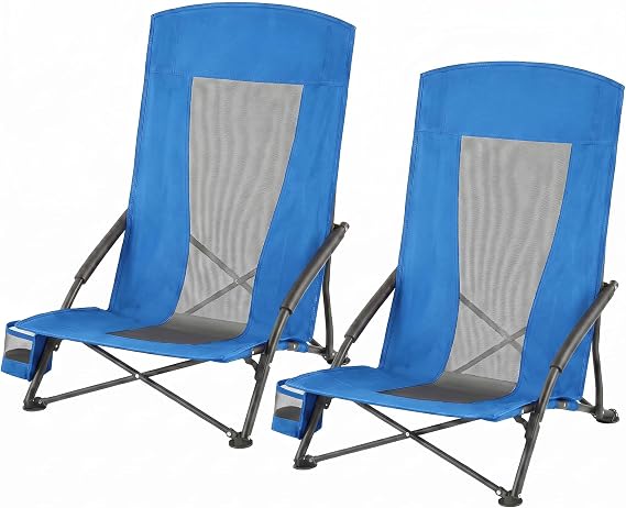 SONGMICS HOME Portable Beach Chair, Folding Camping Chair with High Backrest and Cup Holder, Lightweight Outdoor Picnic Seating, Heavy-Duty Support up to 330 lb, Set of 2, Blue