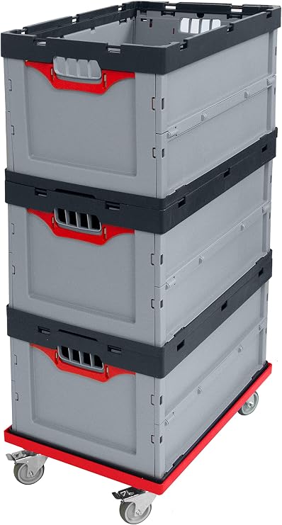 Auer Faltbox 3er Set + roter Rollwagen FB 64/32 Angebotspaket: 3 Kunststoffboxen 60x40x32cm 67L + Transportroller mit Lenkrollen Faltboxen klappbar und stapelbar für Lager und Transport