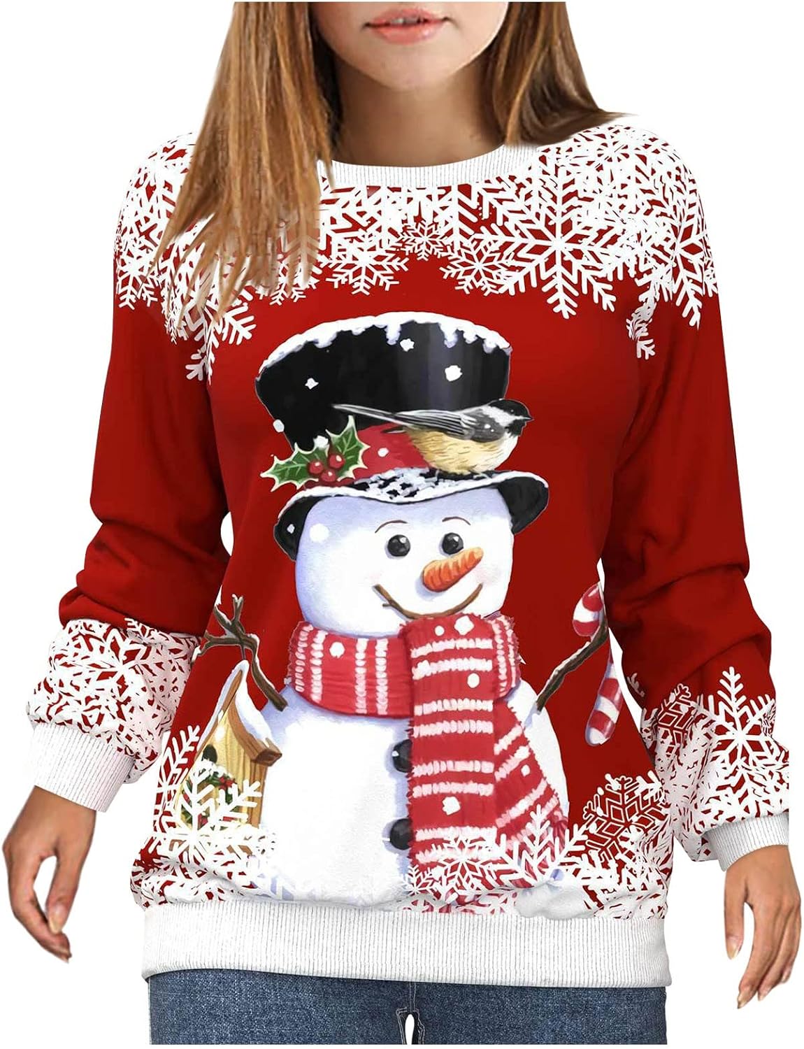 Ugly Christmas Sweater for Women,Casual Oversized Cute Elk Snowman Print Long Sleeeve Crewneck Sweatshirts
