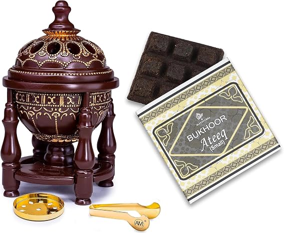 AM Charcoal Incense Burner & Ateeq Bakhoor Incense Bundle Lavish Oud Burner with Arabian Amber Oud Bakhoor Perfect for Home Decor, Meditation & Aromatherapy