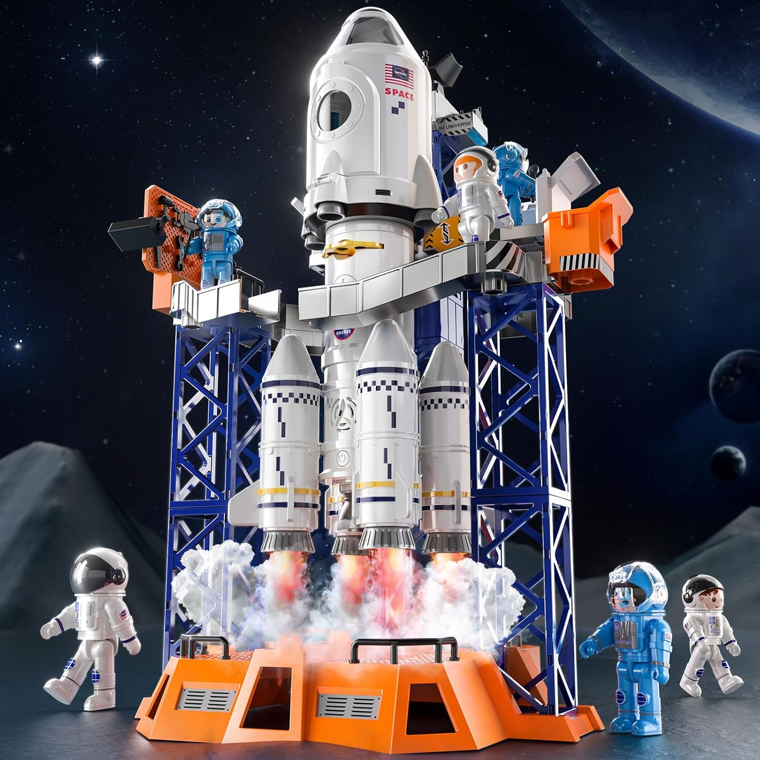 TEMI Large Mist Spray Space Rocket Toys with Launcher for Kids 3 Years, 5-in-1 STEM Space Toys with Launch Center, Console, Satellite, Astronauts, Projection Lamp, Spaceship Toys Gift for Boys