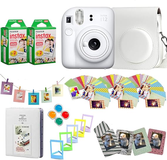 Fujifilm Instax Mini 12 Instant Camera + Pro Design Accessory Bundle with Protective Case, Magnetic Frames, Album, Frames Design Kit (40 Sheets) (Clay White)