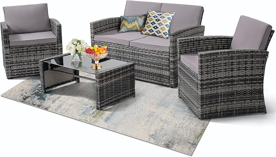KROFEM 4 Piece Patio Furniture Set, Outdoor Wicker Conversation Set | Washable Cushions, 2 Armchairs + Loveseat Sofa + Coffee Table, Hand Woven UV Treated Wicker, Rustproof Steel Frame, Grey
