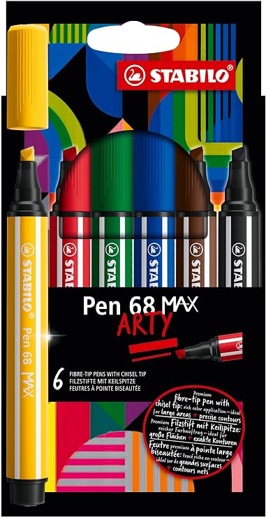 Premium Fibre-Tip Pen with Chisel Tip - STABILO Pen 68 MAX - ARTY - Pack of 6 - Assorted Colours