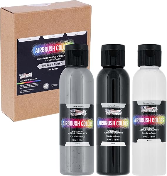 U.S Art Supply Black, White, Gray Surface Primer Airbrush Paint,3 Color Set