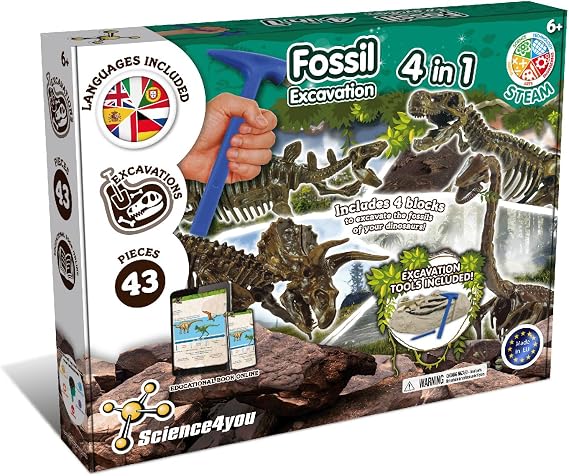 Science4you Dino Ausgrabungsset 4 in 1 für Kinder - Dino Spielzeug 4 Dinosaurier Ausgraben - Fossilien Ausgrabungsset für Kinder ab 6+ Dinosaurier Spiel und Geschenk für Junge und Mädchen ab 5 6 7+