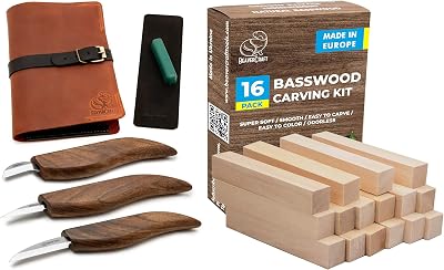 BeaverCraft Deluxe Wood Carving Knives Set with Leather Case S15X Premium Wood Carving Tools - Soft Basswood Carving Blocks BW 16pcs Whittling Kit