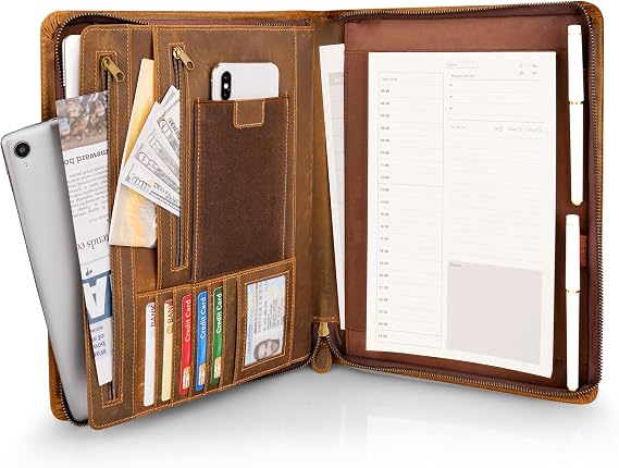 Full Grain Leather Portfolio A4, Premium Conference Folder with Zipper, Multi-Function Business Organizer & Padfolio for Men and Women, Professional Executive Gift - Light Brown