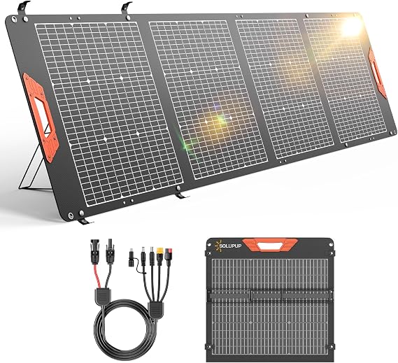 SOLUPUP 200W Portable Solar Panel24% High Efficiency Bifacial Solar Panel with MC4 Output,Waterproof Foldable Solar Charger with Kickstand for Power Station RV Camping Off-Grid and Blackoutss | Portable & Foldable, 24% High Efficiency, 5-in-1 Cable, MC4 Outpu, IP65 Waterproof, Adjustable Kickstand for Off-Grid