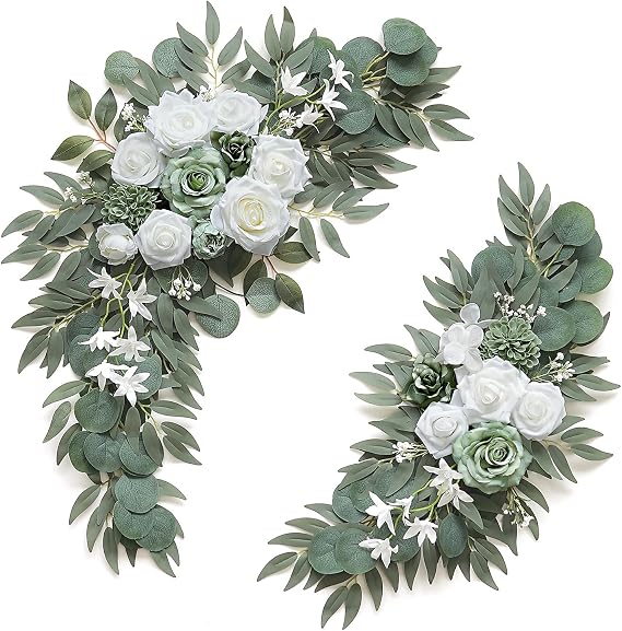 Olalaka 2-Pack Sage Green & White Wedding Flower Swag Set, Large: 35.43"L x 14.56"W, Small: 24.80"L x 12.99"W, Artificial Flowers for Wedding Arch, Ceremony, Table Centerpieces, Wall Hanging
