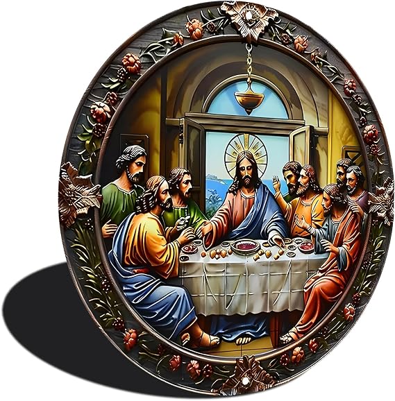 Yiruhe Last Supper Vintage Metal Wall Art – 8x8 Inch Round Aluminum Religious Decor for Home, Church (2487)