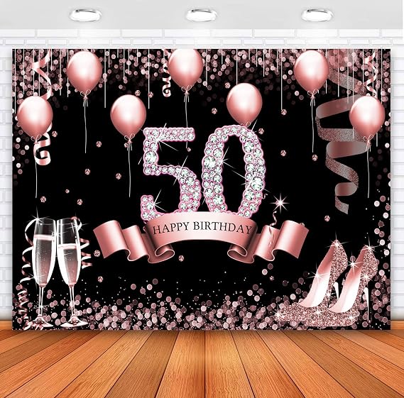 Rose Gold Happy 50th Birthday Backdrop for Women Glitter Diamonds Balloons High Heels Birthday Photography Background Fifty Years Old Age Fabulous 50 Birthday Party Decorations Banner 7x5ft