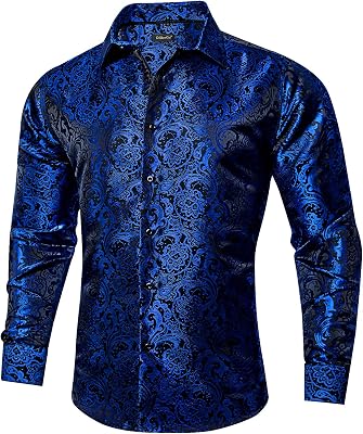 DiBanGu Silk Paisley Dress Shirts for Men Long Sleeve Button Down Shirt Casual Regular Fit Mens Shirts Wedding Party