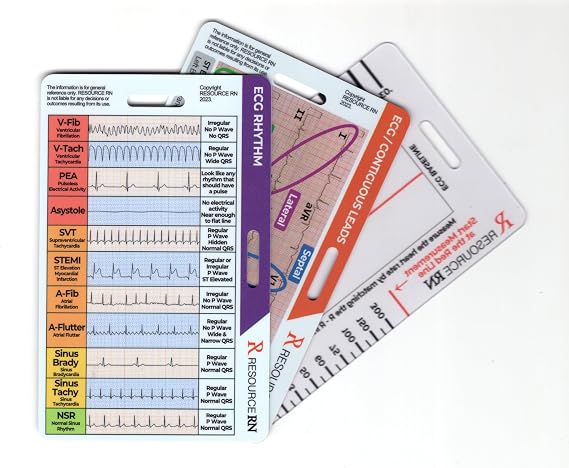 EKG Badge Card Set 3-Piece Quick Reference for 12-Lead STEMI, Cardiac Rhythms & Intervals (Vertical/Horizontal) for RN, EMT, PA, RT, NP
