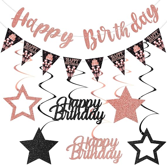 Rose Gold Birthday Decorations for Women, Happy Birthday Banner Stars Hanging Swirls for Girls Womens Bday Decorations Party Supplies Sign