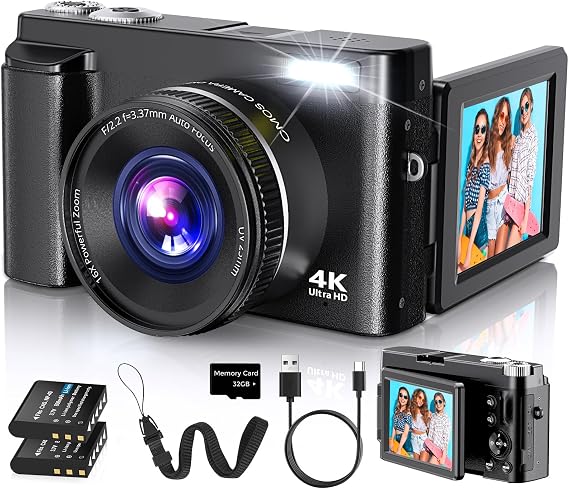 Duluvulu 4K Digital Camera for Photography Autofocus, 2026 Latest 48MP Vlogging Camera for YouTube with SD Card, 2 Batteries, 3" 180Flip Screen Compact Travel Camera for Teens with 16X Zoom,Black