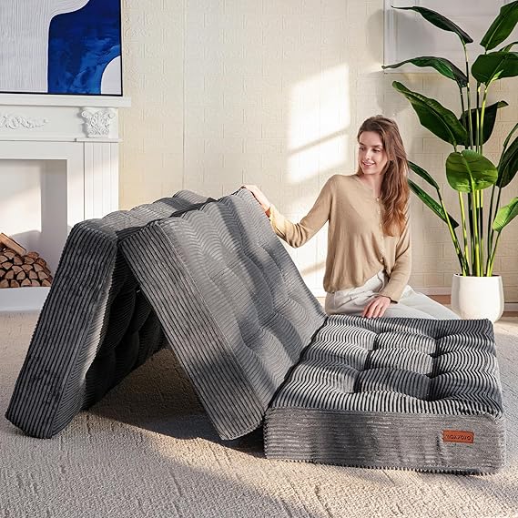 MAXYOYO Folding Mattress, Comfy Corduroy Foldable Mattress with 15cm Thicken Foam, Tri-Fold Floor Futon Sofa Bed for Guest,Dark gray,Double