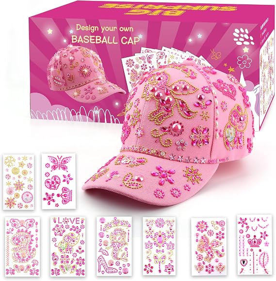 Gifts for Girls DIY Baseball Cap Hat Design Yourself with Gemstone Stickers School Birthday Gift Girls 4 5 6 7 8 9 10 11 12 Years Baseball Cap Craft Set Children School
