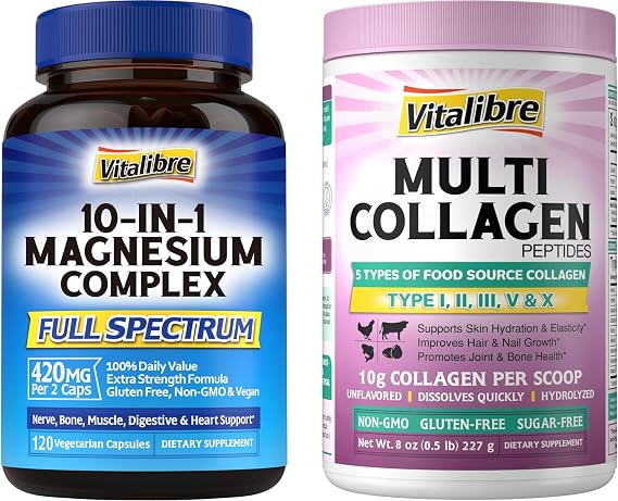 Vitalibre Multi Collagen Peptides Powder 8oz & 10 in 1 Magnesium Complex 120 Caps