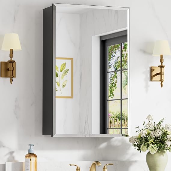 16x24 Inch Medicine Cabinet with Mirror, Aluminum Medicine Cabinet, Black