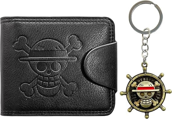 OP Bifold Wallet for Men, Straw Hat Luffy Skull Wallet and Keychain, Anime Fan Stylish Merch Gifts, Black, PU Leather