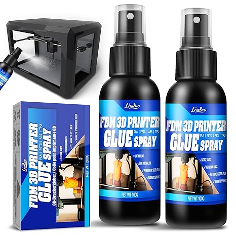 3D Printer Adhesive - 3D Print Glue Spray, Perfect First Layer Adhesion, Prevents Warping on Heated Print Bed, Easy Removal for ABS PLA PETG TPU Filaments on Various Build Plates, No Residue, 3.5oz*2