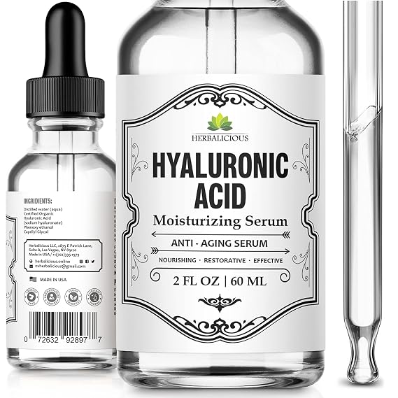 Herbalicious Hyaluronic Acid Serum Hyaluronic Acid Serum for Face Paraben-Free Pure Hyaluronic Acid Moisture Boost Hydrating Serum Anti-Aging Serum for Fine Lines, Wrinkles 2oz