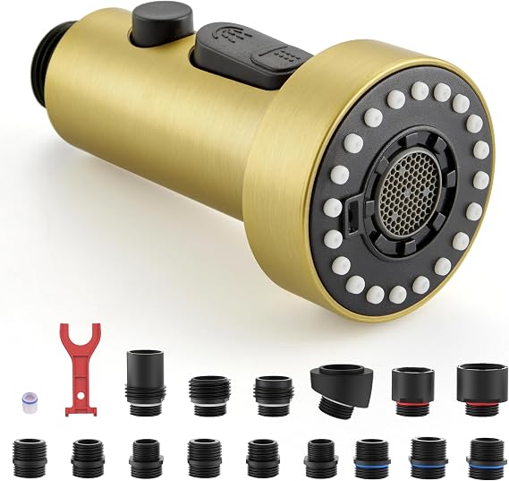 J-HVA Pull Down Kitchen Faucet Sprayer Head Replacement Part, Brushed Gold | 3 Function with 15 Adapters Pull Out Sink Sprayer Replacement Nozzle, Kitchen Faucet Head Hose Spray Tap Spout