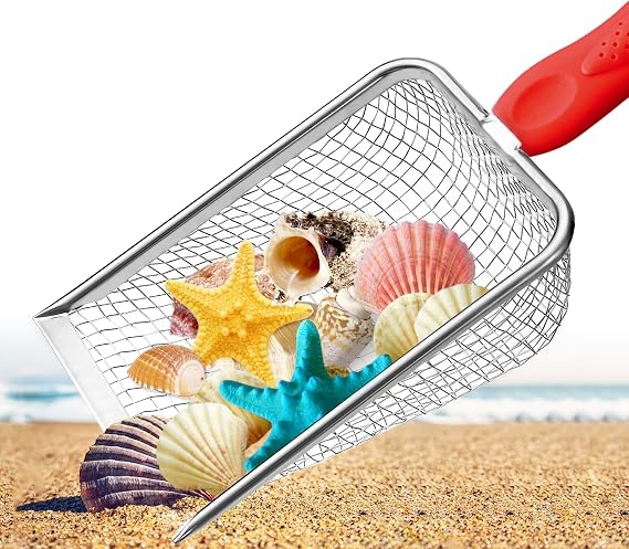 Beach Mesh Shovel,Sand Sifter Tool for Shell Collecting with Durable Mesh Net - Kids Sand Scoop for Picking Up Shells - Beach Toys (Red)