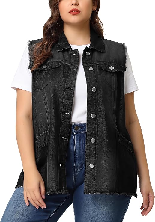 Agnes Orinda Denim Jackets for Women 2025 Plus Size Button Front Lapel Frayed Washed Sleeveless Long Jean Vest