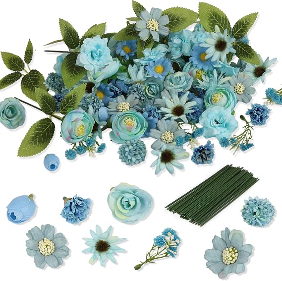 100pcs Fake Flower Heads Mini Artificial Flower Heads (Blue) | Blue Silk Faux flores Cake Blossom Flowers for Hair Crafts Wedding Bridal Party