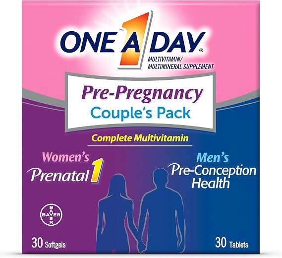One A Day Men's & Women's Pre-Pregnancy Multivitamin Softgel including Vitamins A, Vitamin C, Vitamin D, B6, B12, Folic Acid & more, 30+30 Count, Supplement for Before, During, and Postnatal