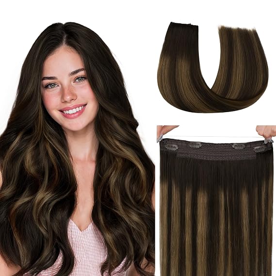 HOTBANANA Wire Hair Extensions, Quick Wear Invisible Transparent Line 14" | #2/6/2 Dark Brown to Chestnut Brown 75g, Adjustable Fish Line Reusable, Weft with Clips