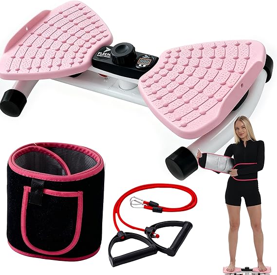 FLECHA Waist Twister Machine Exercise, Ab Workout Equipment, Waist Twisting Exercise Board with Digital Counter, Tracks Time Twists Calories, Non-Slip Core Trainer, 300 lb Capacity, Twist Board with Sweat Belt & Virtual Workout Plan, Resistance Bands, Pink/White